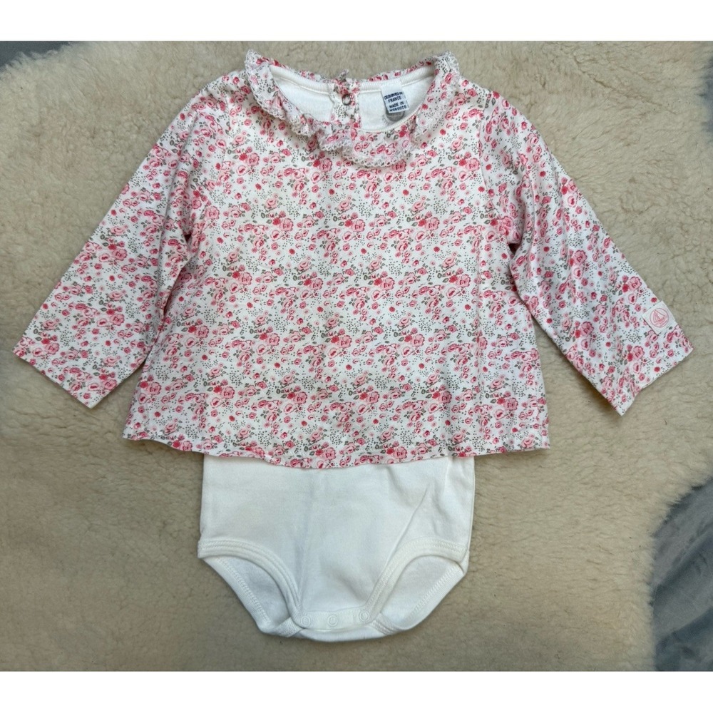 Petit Bateau Baby Girl 12M Floral Bodysuit Top Pink Rose Ruffle French Cotton